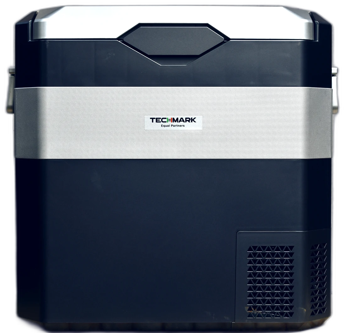 Techmark Arctiq 38 litre portable fridge, navy body with Techmark nameplate