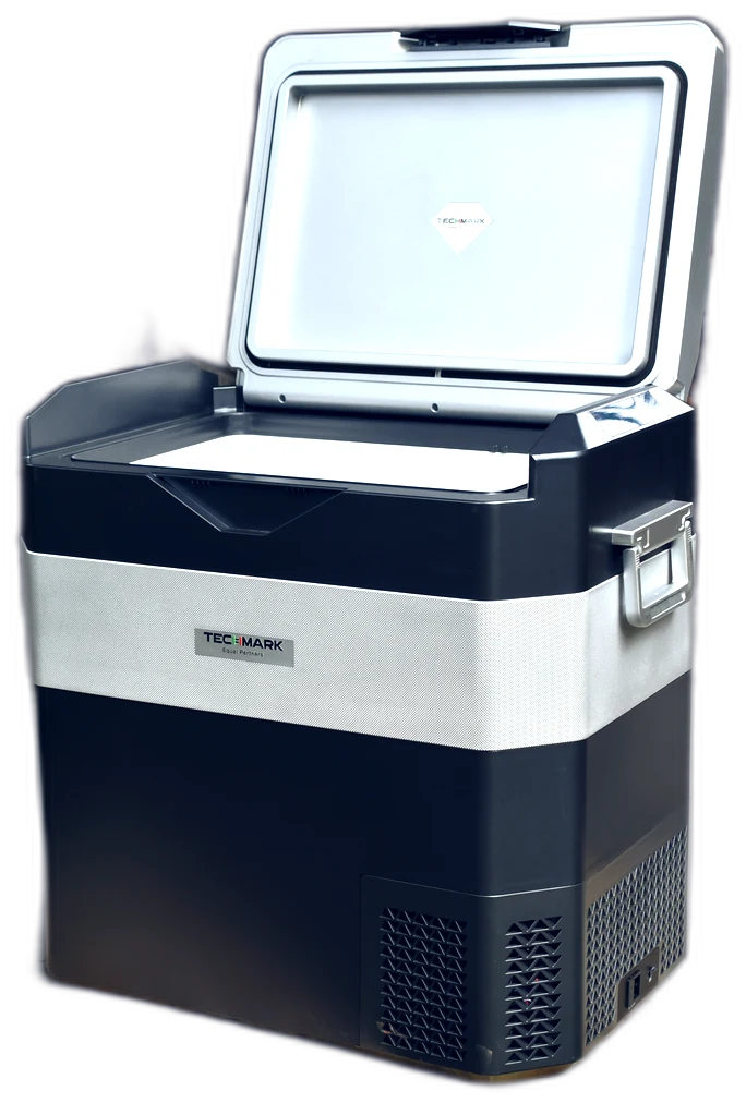 Techmark Arctiq portable fridge with the lid open, showing the insulated interior